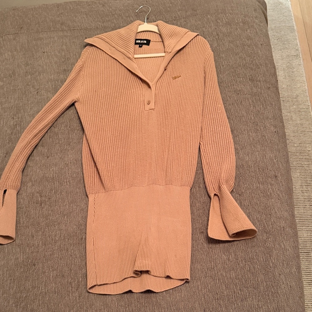 SER.O.YA Ribbed V-Neck Dress in Tan